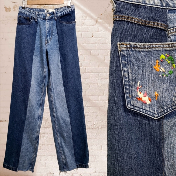 Zara Blue Contrast Reworked Patchwork Embroidered Straight Leg Jeans Size 4 - Picture 1 of 5